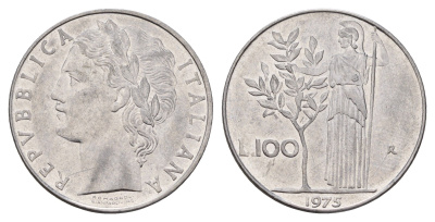 Италия 100 лир 1975 R, Афина у оливкого дерева KM 96.1 нержавеющая сталь 3856-116