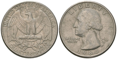 США 25 центов = квотер 1988 P, Вашингтон KM 164a медь плакированная медно-никелем 4595-1253