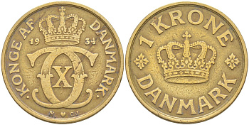 Дания 1 крона 1934 N; GJ, Кристиан X (1912-1947) KM 824.2 алюминиевая бронза 106-734