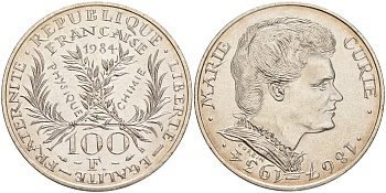 Франция 100 франков 1984 50 лет со дня смерти Марии Кюри KM 955 серебро 4557-1031