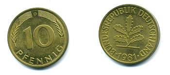 ФРГ 10 ПФЕННИГОВ 1981 G KM 108, J.383 сталь плакированная латунью 46-1324