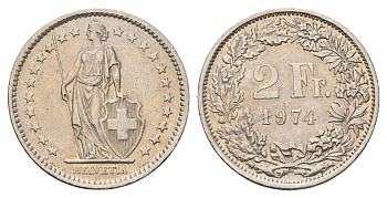 Швейцария 2 франка 1974 KM 21a медно-никель 186-811