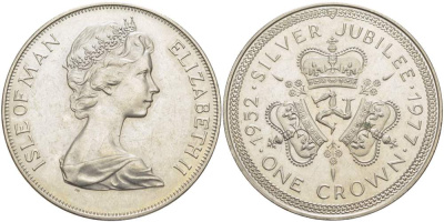 Остров Мэн 1 крона 1977 Серебряный юбилей правления королевы Елизаветы II, три короны KM 41 медно-никель UNC 4527-322