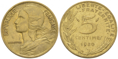 ФРАНЦИЯ 5 САНТИМОВ 1980 ТИП MARIANNE KM 933 медь алюминий никель 3309-1044