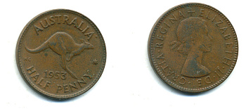 АВСТРАЛИЯ 1/2 ПЕННИ 1953 КЕНГУРУ, ЕЛИЗАВЕТА II KM 49 бронза 57-542