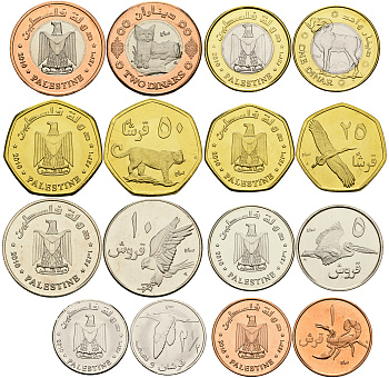 Палестина набор из 8 монет 2010 (1, 5, 10, 25 50 гирш, 1, 2 динара), птицы, две монеты биметалл UNC N2-36