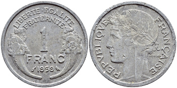 ФРАНЦИЯ 1 ФРАНК 1959 ТИП MORLON, LEGERE KM 885a.1, LE FRANC 221.23 алюминий 4397-717