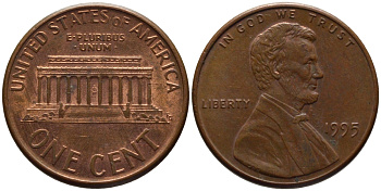 США 1 ЦЕНТ 1995 ЛИНКОЛЬН KM 201b цинк плакированный медью 66-1048