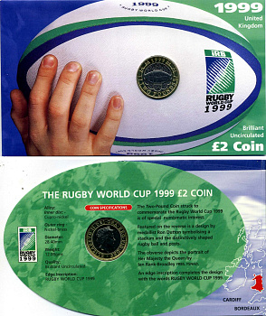 Великобритания 2 фунта 1999 Елизавета II (1952-2022), Чемпионат мира по регби, в оригинальном картонном буклете KM 999, Spink 4571 (K10) биметалл BUNC 3-4-4-46