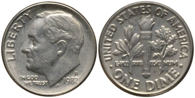 США 10 центов (дайм) 1982 D, Рузвельт KM 195а медь плакированная медно-никелем 3955-1069