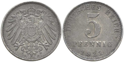 ГЕРМАНИЯ 5 ПФЕННИГОВ 1921 A KM 19, J. 297, Weege 5 железо 206-747