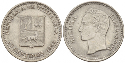 Венесуэла 25 сентимо 1965 Симон Боливар KM 40 никель 4547-954