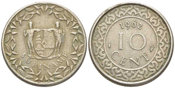 Суринам 10 центов 1962 KM 13 медно-никель 112-519