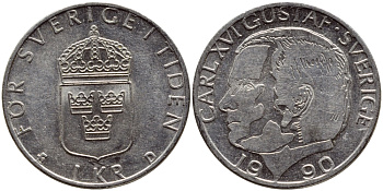 Швеция 1 крона 1990 Карл XVI Густав (1973- ) KM 852a медно-никель 4398-1231