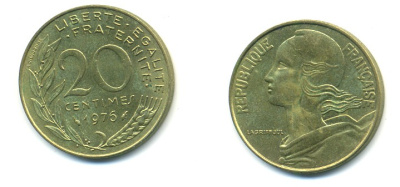 ФРАНЦИЯ 20 САНТИМОВ 1976 ТИП MARIANNE KM 930, LE FRANC 156.16 алюминиевая бронза 25-131