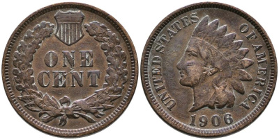 США 1 ЦЕНТ 1906 ИНДЕЙСКАЯ ГОЛОВА' KM 90а бронза 4549-749