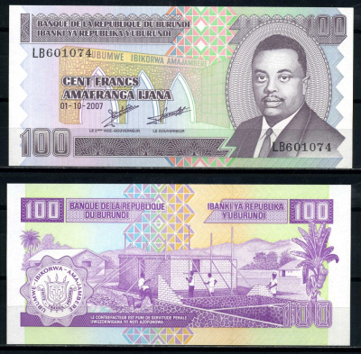 Бурунди 100 франков 2007 1 октября 2007 Pick 37f бумага UNC (пресс) 6317-41-4-2