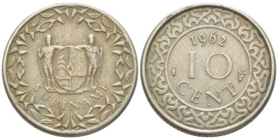 Суринам 10 центов 1962 KM 13 медно-никель 112-519