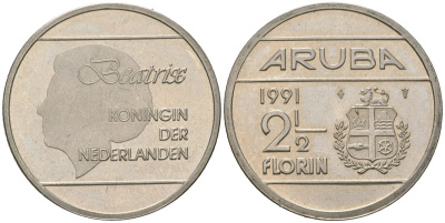 Аруба 2 1/2 флорина 1991 KM 6 сталь плакированная никелем aUNC 4168-522