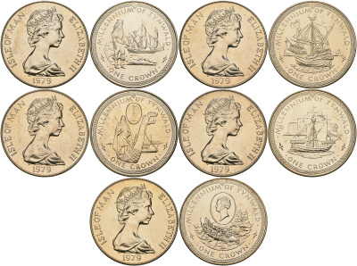 Остров Мэн набор из 5 монет по 1 кроне 1979 1000-летие парламента Тинвальда, в коробке KM 46, 47, 48, 49 , 50 медно-никель UNC 1-6-1-01