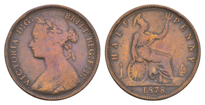 Великобритания 1/2 пенни 1878 H, Виктория (1837-1901) KM 754, Spink 3957 бронза 1520-1142