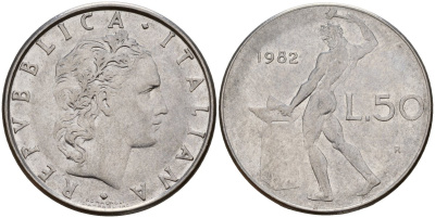 Италия 50 лир 1982 R, бог Вулкан у наковальни KM 95.1 нержавеющая сталь 4156-743