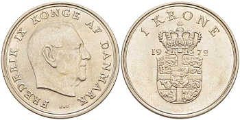 Дания 1 крона 1972 S;S, Фредерик IX (1947-1972) KM 851.2 медно-никель 202-823
