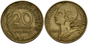 Франция 20 сантимов 1963 KM 930 алюминиевая бронза 4138-344