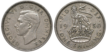 Великобритания 1 шиллинг 1950 Георг VI (1936-1952), Английский герб KM 876, Spink 4108 медно-никель 4122-537