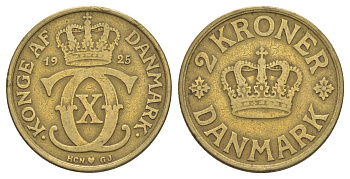 Дания 2 кроны 1925 HCN; GJ, Кристиан X (1912-1947) KM 825 алюминиевая бронза 88-132