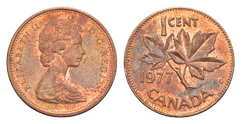 Канада 1 цент 1977 Елизавета II (1952-2022), кленовый лист KM 59 бронза 4639-349