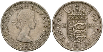 Великобритания 1 шиллинг 1963 Елизавета II (1952-2022), Английский герб KM 904, Spink 4147 медно-никель 4150-746