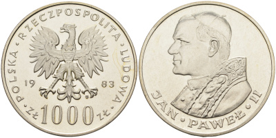 Польша 1000 злотых 1983 MW, визит папы Иоанна Павла II в Польшу KM 144, Parchimowicz 337b серебро  UNC  1522-731