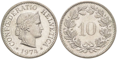 Швейцария 10 раппенов 1974 KM 27 медно-никель 55-452
