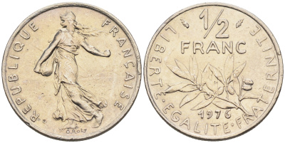 Франция 1/2 франка 1976 сеятель KM 931.1 никель    4169-156