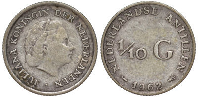 Нидерландские Антилы 1/10 гульдена 1962 Юлиана (1948-1980) KM 3 серебро 4178-139
