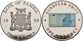 Замбия 1000 квача 1999 серия европейский союз - одна валюта, 20 евро аверс, серебрение KM 124 медь никель цинк 1098-3-41