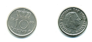 НИДЕРЛАНДЫ 10 ЦЕНТОВ 1950 ЮЛИАНА KM 182 никель 76-324