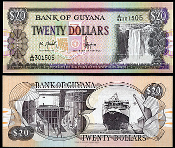 Гайана 20 долларов ND (1996-2018) водопад Кайетур, судостроение, паромное судно "Малали" Pick 30 a бумага UNC (пресс) 2196-44-2-2