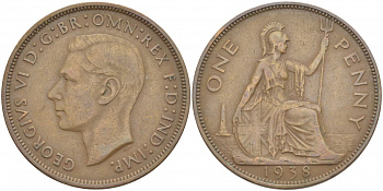 Великобритания 1 пенни 1938 Георг VI (1936-1952) KM 845, Spink 4114 бронза 215-331