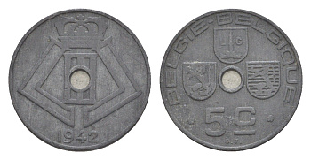 Бельгия 5 сантимов 1942 Belgie - Belgique, Леопольд III (1934-1947), германская оккупация, Вторая мировая война KM 124 цинк 4640-1112