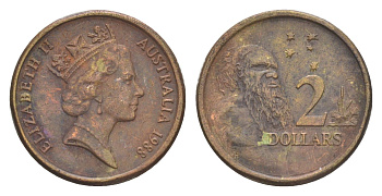Австралия 2 доллара 1988 абориген, Елизавета II (1952-2022) KM 101 алюминиевая бронза 4588-812