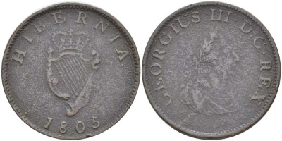 Ирландия 1/2 пенни 1805 Георг III (1760-1820) KM 147.1 медь 109-1245
