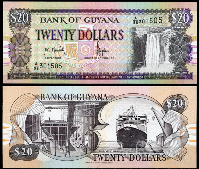 Гайана 20 долларов ND (1996-2018) водопад Кайетур, судостроение, паромное судно "Малали" Pick 30 a бумага UNC (пресс) 2196-44-2-2