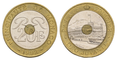 Монако 20 франков 1992 Ренье III (1949-2005) KM 165 триметалл 413-2732