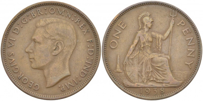 Великобритания 1 пенни 1938 Георг VI (1936-1952) KM 845, Spink 4114 бронза 215-331