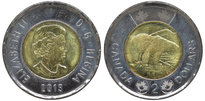 Канада 2 доллара 2013 полярный медведь KM NEW биметалл UNC 4605-644