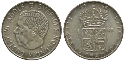 Швеция 1 крона 1966 U, Густав VI Адольф (1950-1973) KM 826 серебро 4178-511