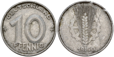 ГДР 10 пфеннигов 1950 A KM 3 алюминий 24-725