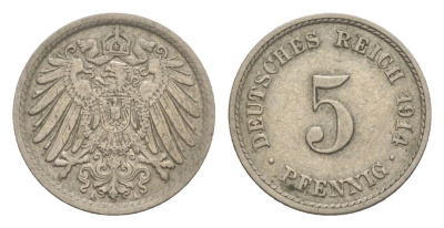 Германия 5 пфеннигов 1914 A, Вильгельм II (1888-1918) KM 11, J.12 медно-никель 4644-1068